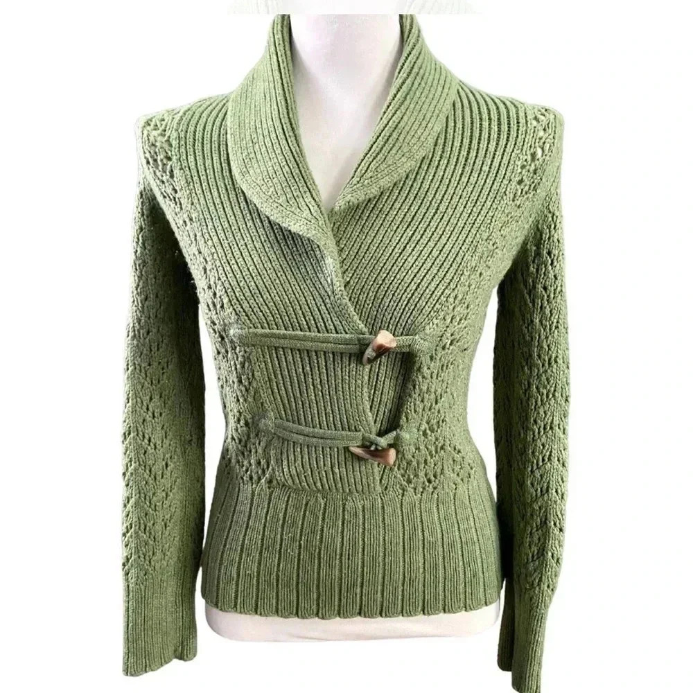 Green Toggle Women's Medium Sweater Lambswool Angora Rabbit Blend Luxury‎ Cozy